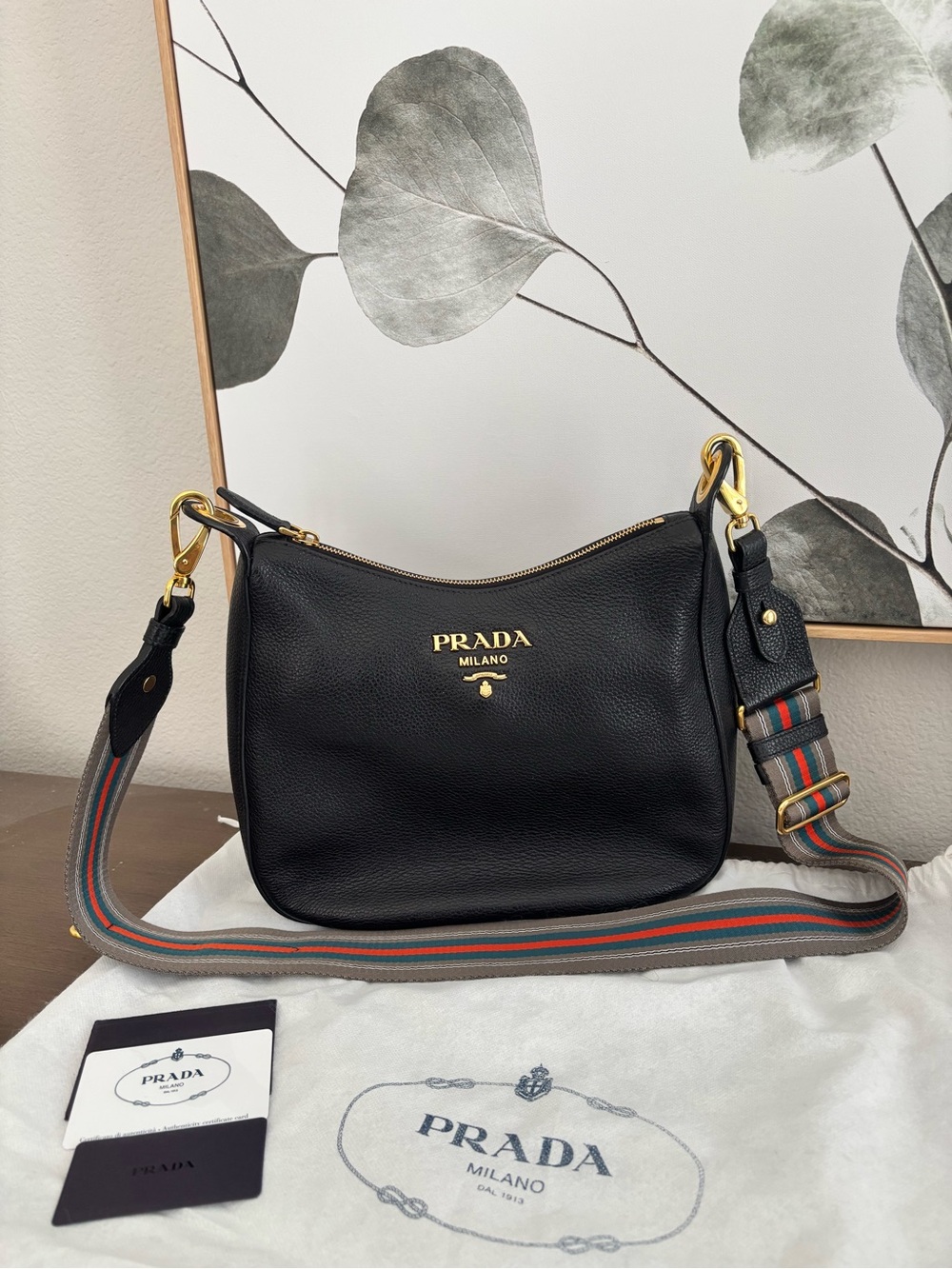 AUTHENTIC Prada Black Vitello Phenix Leather Crossbody Bag (1BC166)